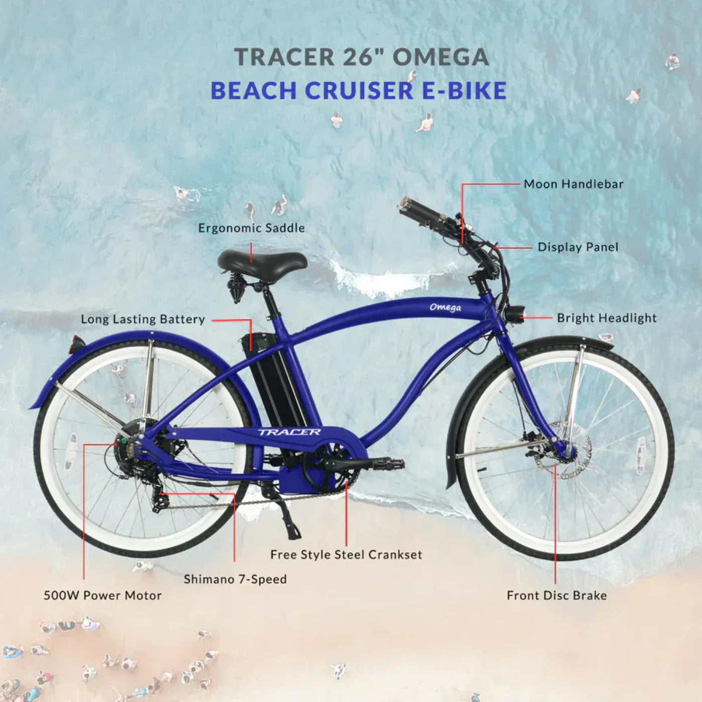 Tracer 500W 26" Omega Men's Beach Cruiser Electric Bike - MB-EB-OMEGA-M-MBK/ BK