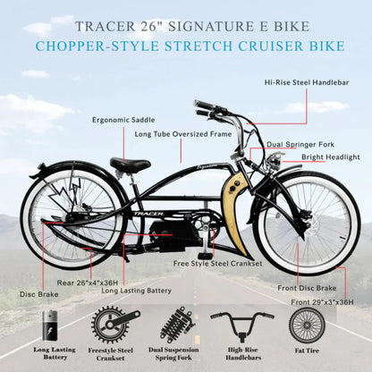 Tracer 800W Signature Pro Chopper Cruiser Electric Bike - MB-EB-Signature Pro-BK
