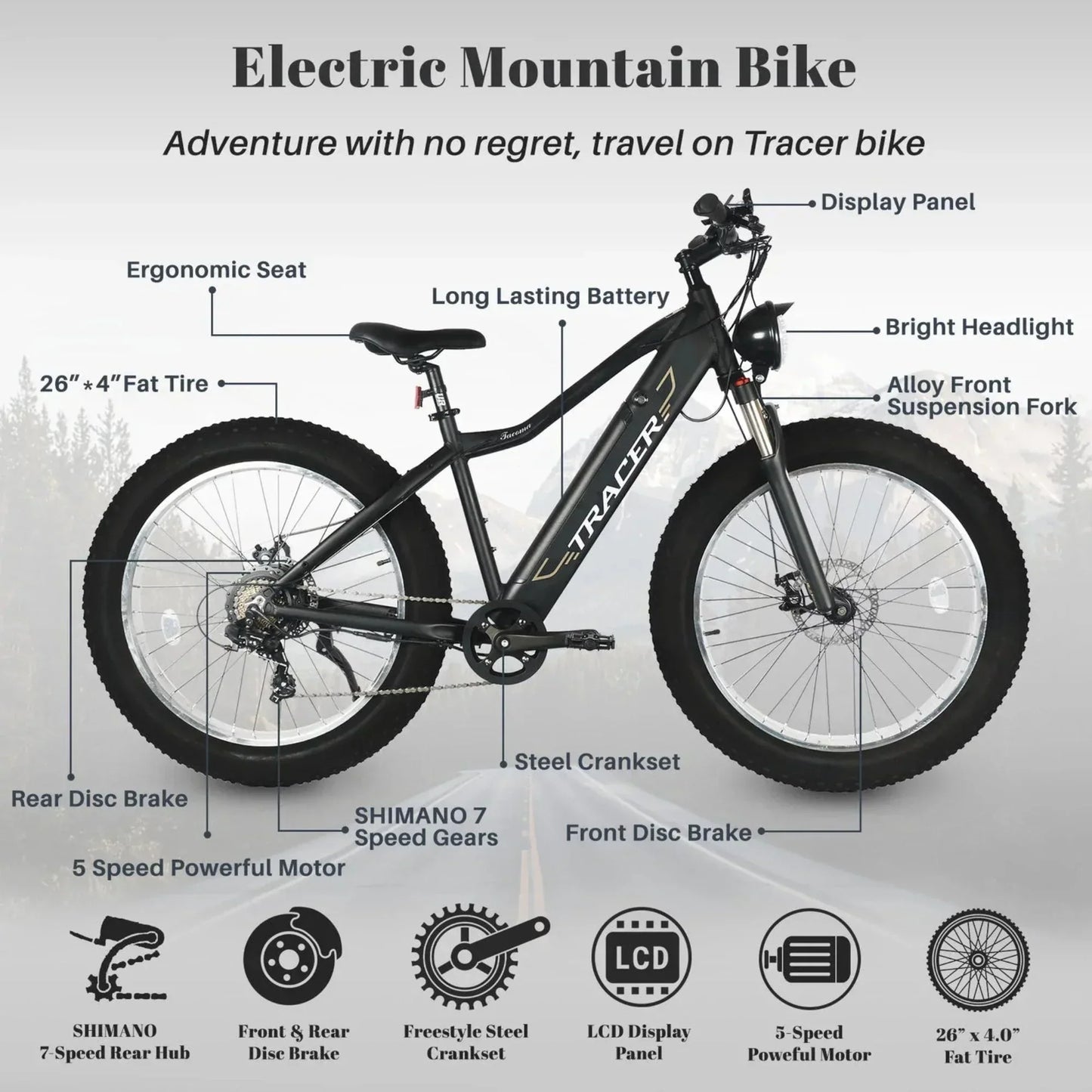 Tracer 800W 26" Tacoma Fat Tire Electric Bike - MB-EB-TACOMA-BK/PLS