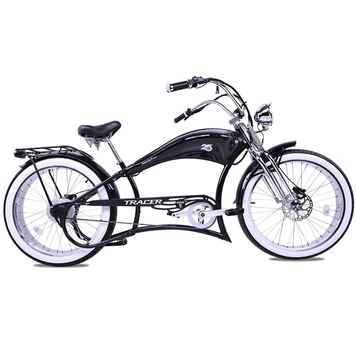 Tracer 800W Twenty5 Chopper Stretch Cruiser Electric Bike - MB-EB-T5-800-DS-BLK