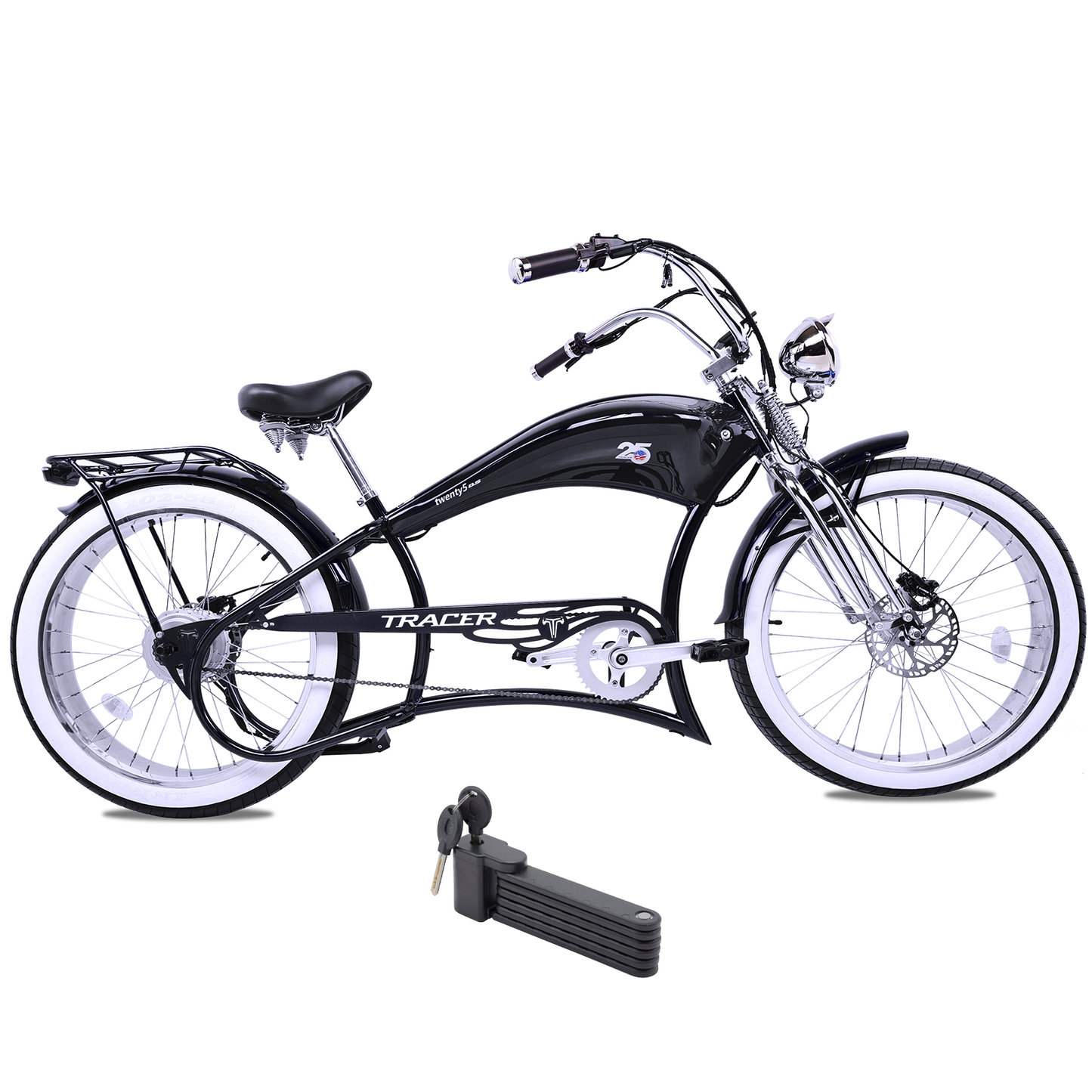Tracer 800W Twenty5 Chopper Stretch Cruiser Electric Bike - MB-EB-T5-800-DS-BLK