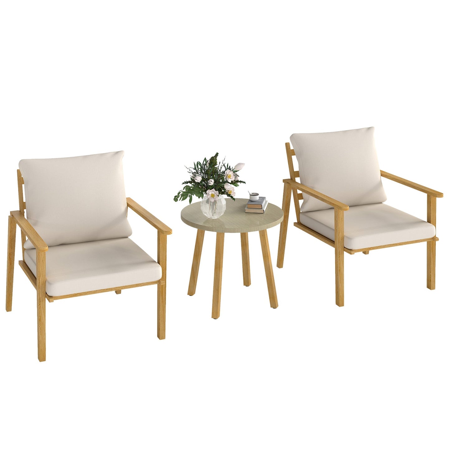 Outsunny Outdoor Conversation Set, 3-Piece Wood-Look Table & Chairs, Deep Seat with Cushions, Cream White - 84G-613V00CW