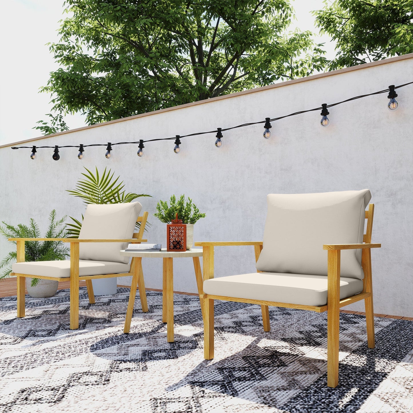 Outsunny Outdoor Conversation Set, 3-Piece Wood-Look Table & Chairs, Deep Seat with Cushions, Cream White - 84G-613V00CW