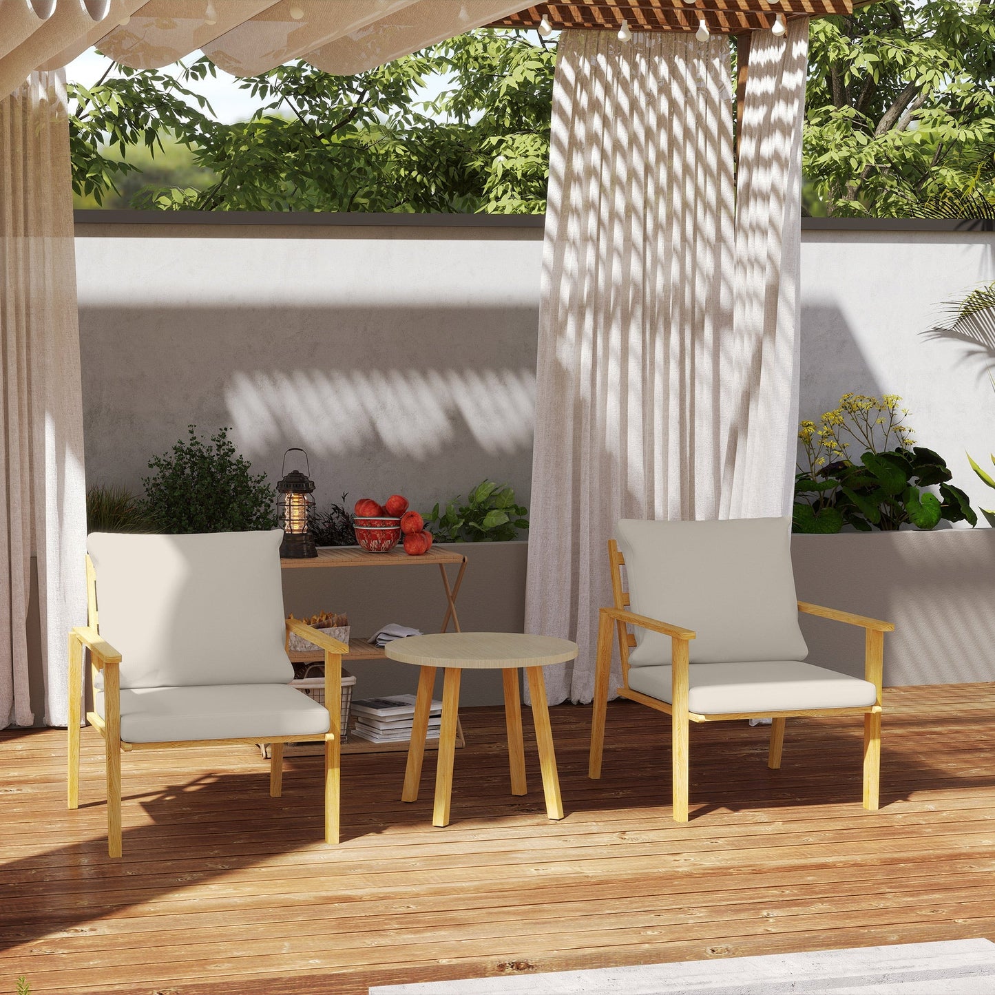 Outsunny Outdoor Conversation Set, 3-Piece Wood-Look Table & Chairs, Deep Seat with Cushions, Cream White - 84G-613V00CW