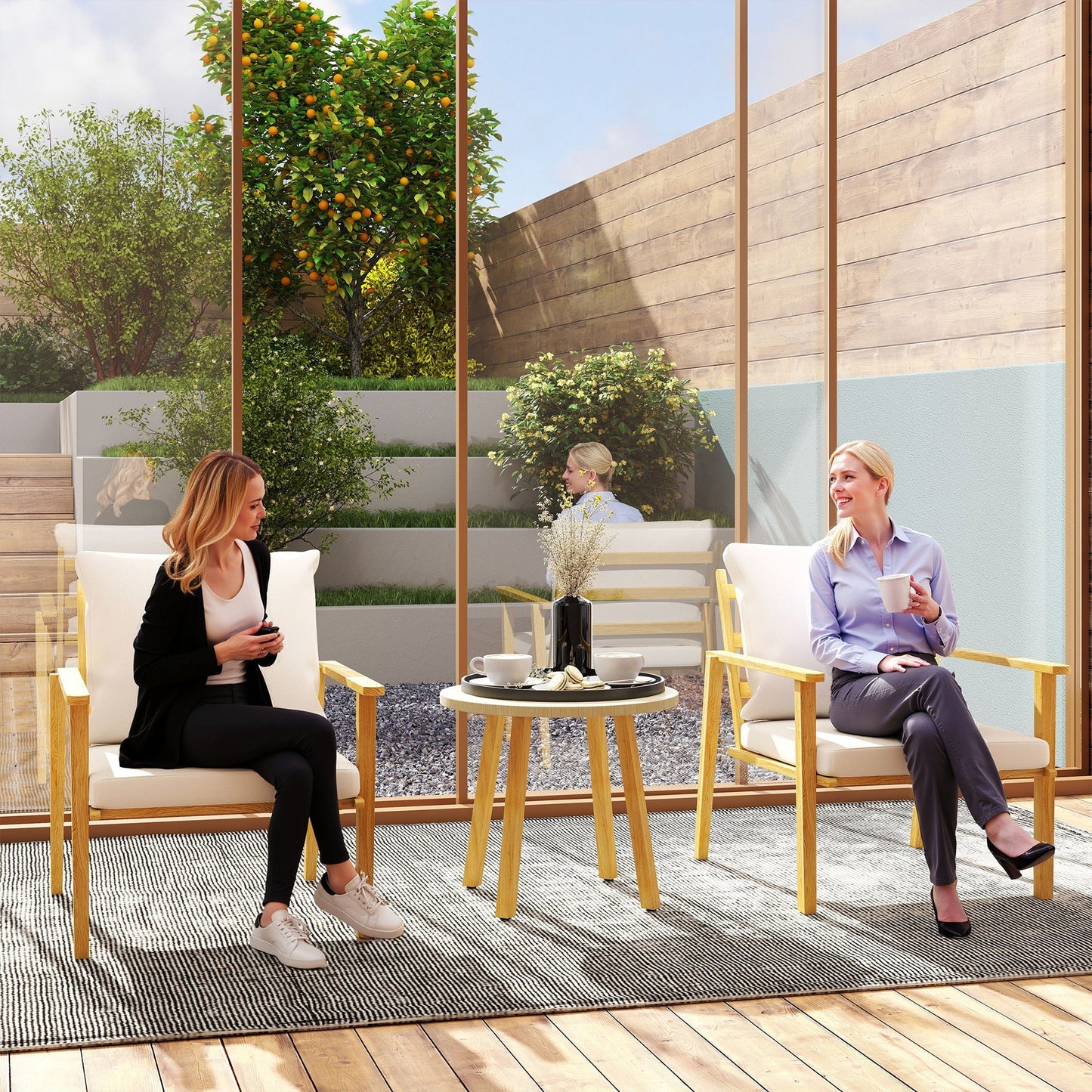 Outsunny Outdoor Conversation Set, 3-Piece Wood-Look Table & Chairs, Deep Seat with Cushions, Cream White - 84G-613V00CW