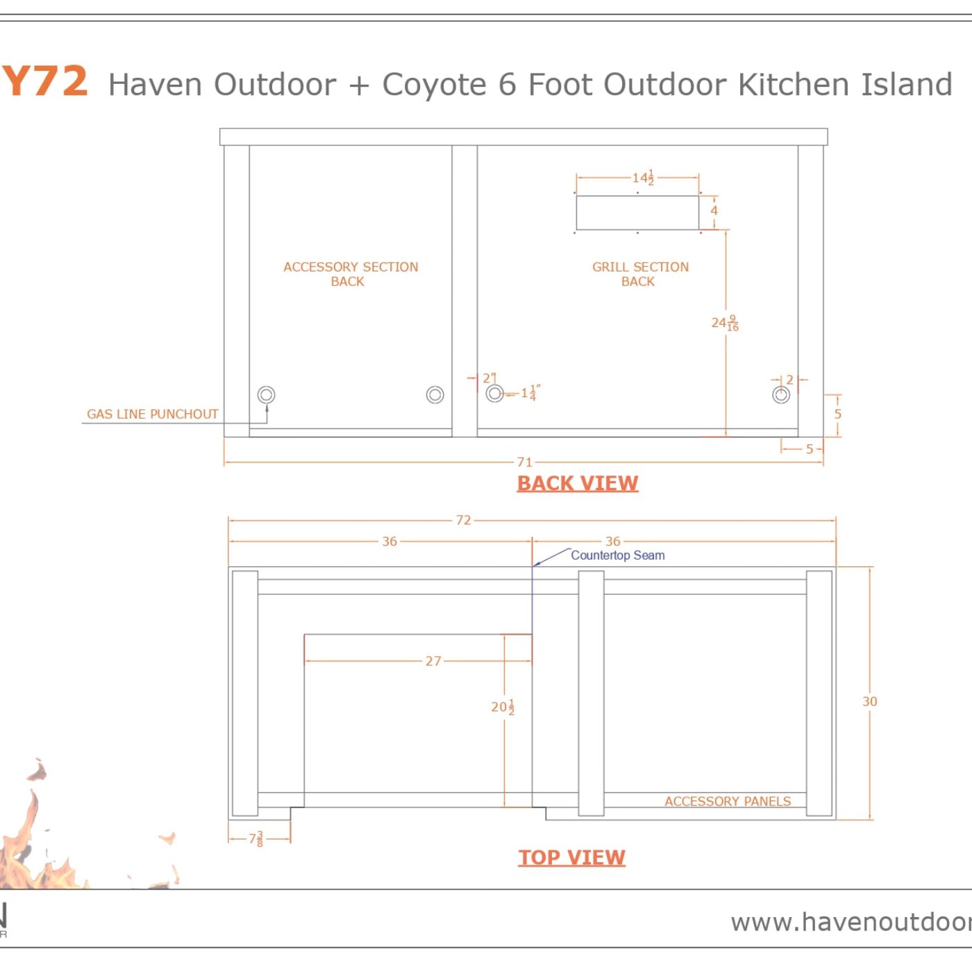 Haven Outdoor 72-Inch Outdoor Kitchen Island with Plain Panel - HCOY72PANAB