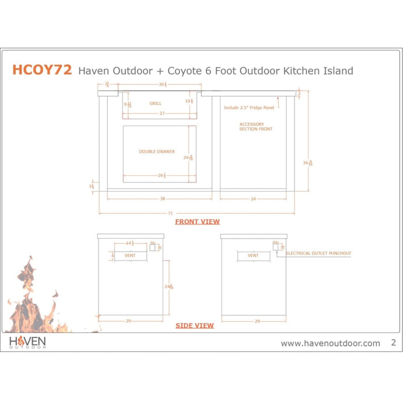 Haven Outdoor 72-Inch Outdoor Kitchen Island with 2 Drawer Cabinet Space - HCOY72DRAWAB