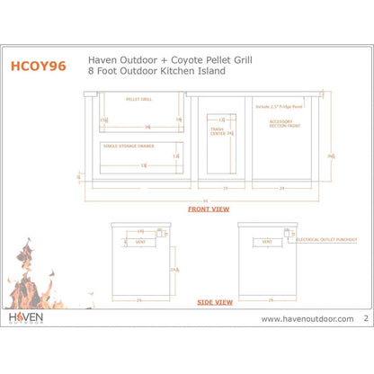 Haven 96-Inch Outdoor Kitchen Island with 36-Inch Pellet Grill, 2 Drawer Cabinet & Trash Drawer - HCOY96DRAW-AB-LP