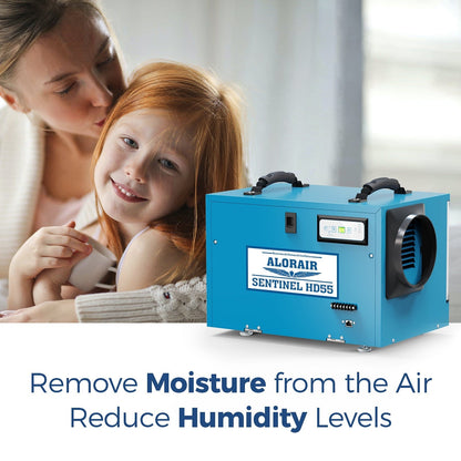 AlorAir Commercial Dehumidifier 113 Pint, with Drain Hose for Crawl Spaces, Basements, Industry Water Damage Unit, Compact, Portable, Auto Defrost, Memory Starting, 5 Years Warranty | Sentinel HD55 Blue