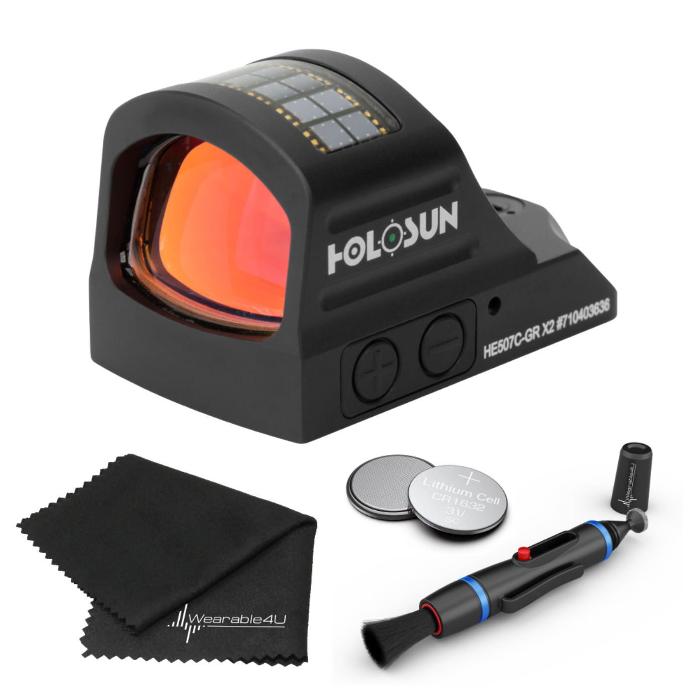 Holosun Elite Green Dot Sight HE507C-GR X2 with Wearable4U Lens Cleaning Pen, Extra CR1632 Battery and W4U Lens Cleaning Cloth Bundle - HE507C-GR-X2_Towl_W4U-LCP_CR1632