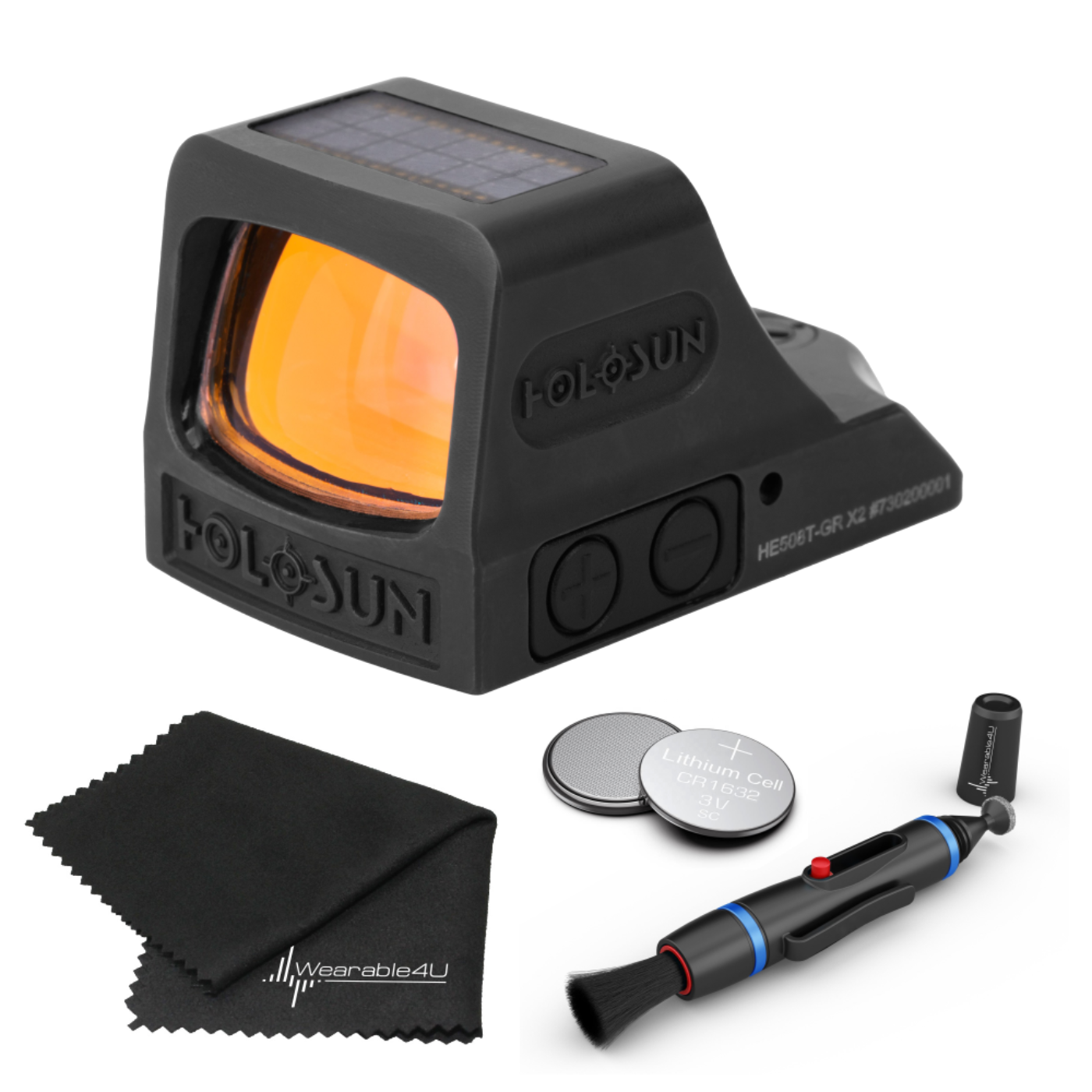 HOLOSUN Elite Green Dot Sight HE508T-GR X2 with Wearable4U Lens Cleaning Pen, Extra CR1632 Battery and W4U Lens Cleaning Cloth Bundle - HE508T-GR-X2_Towl_W4U-LCP_CR1632