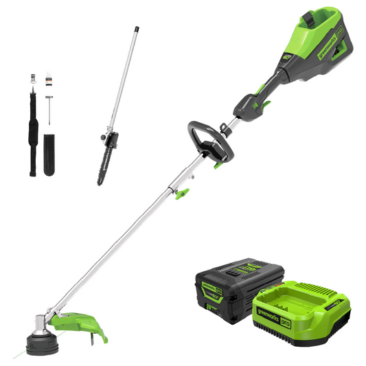 Greenworks 60V 16" Cordless Battery String Trimmer (Attachment Capable) & 10" Polesaw Attachment Combo Kit w/ 4.0 Ah Battery & Charger - 2135202-VK