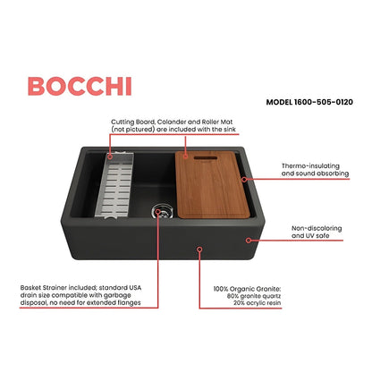 Bocchi 33" Metallic Black Apron-Front Workstation Granite Composite Kitchen Sink - 1600-505-0120