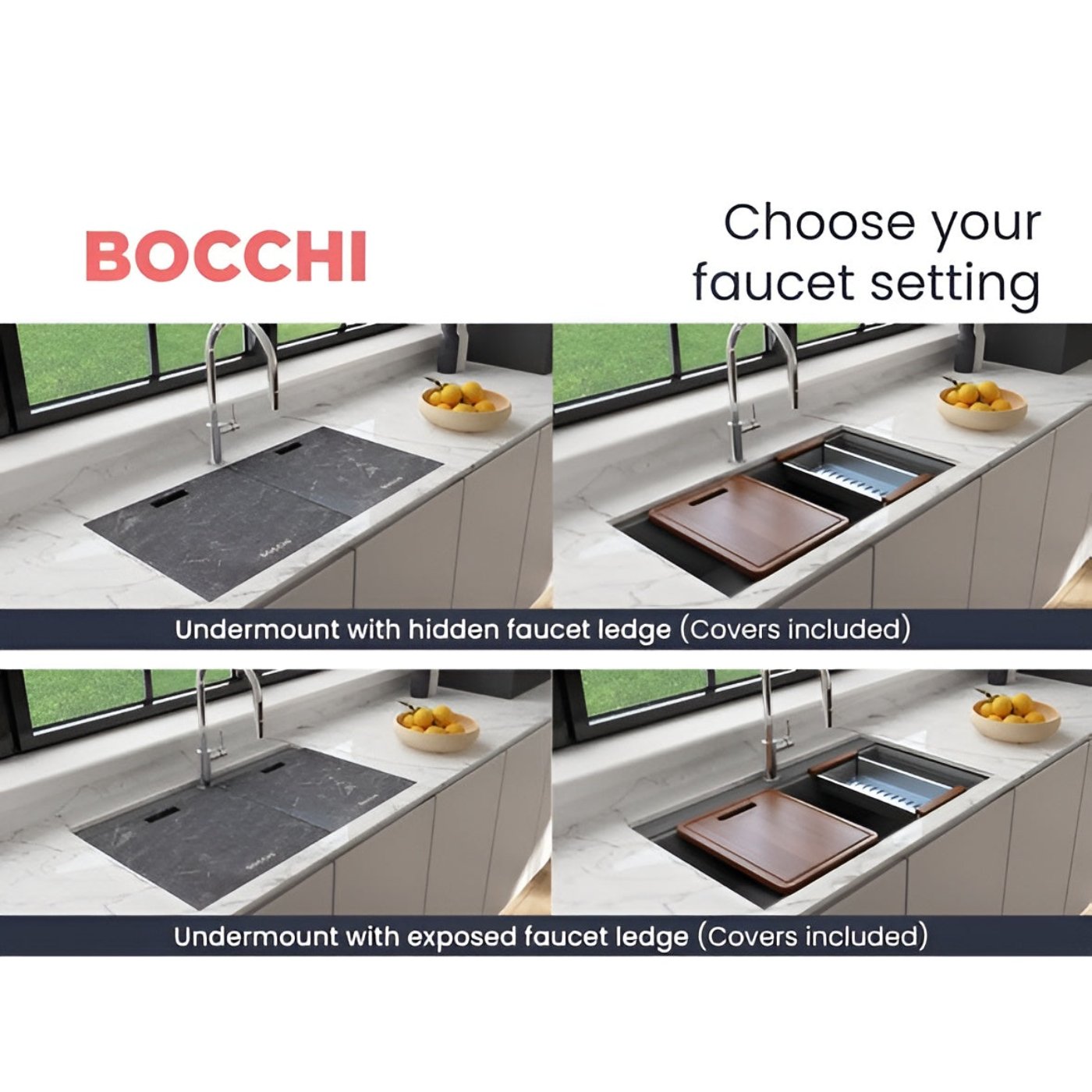 Bocchi 34" Undermount Double Bowl Composite Workstation Kitchen Sink with Covers in Concrete Gray - 1618-506-0126HP