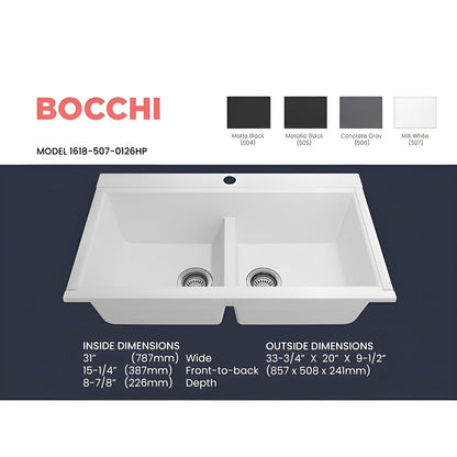 Bocchi 34" Undermount Double Bowl Composite Workstation Kitchen Sink with Covers in Milk White - 1618-507-0126HP