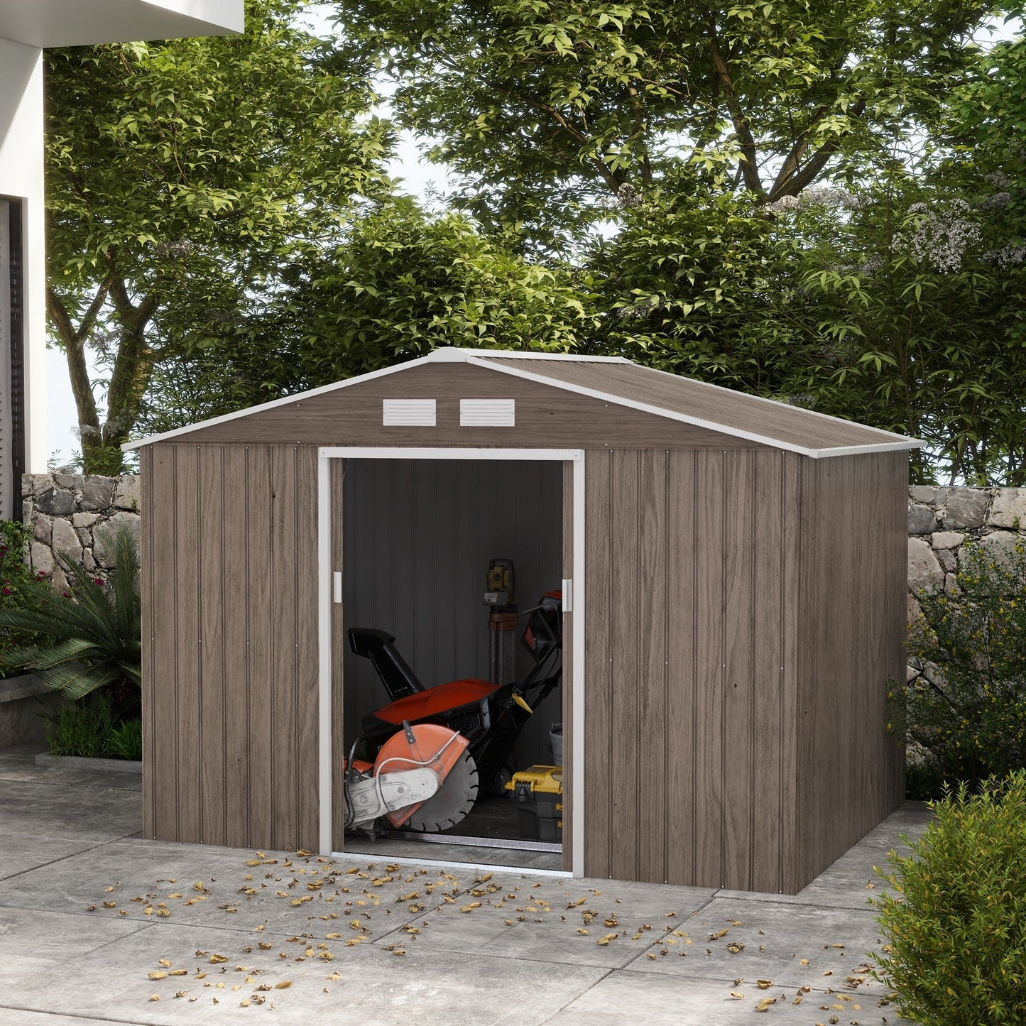 EverBase 9' x 6' Outdoor Storage Shed with Foundation Kit, Double Lockable Door & Air Vents, Light Brown