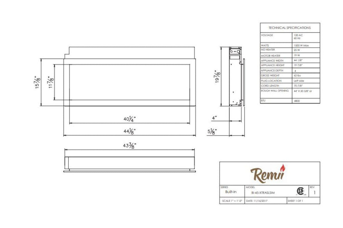 Remii 45" Extra Slim Built-In Indoor/Outdoor Linear Electric Fireplace - 102745-XS