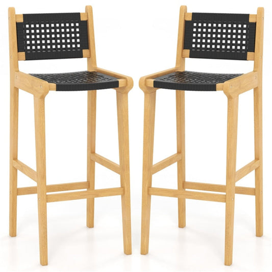 Tangkula Teak Wood Bar Chair, 30” Rattan Bar Stool with Backrest & Footrest - JV11897