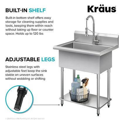 KRAUS Standart Pro 32” 18-Gauge Stainless Steel Single Bowl Commercial Style Laundry Utility Sink - KHS230-32