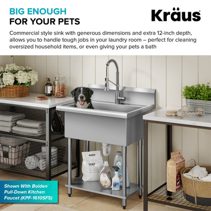 KRAUS Standart Pro 32” 18-Gauge Stainless Steel Single Bowl Commercial Style Laundry Utility Sink - KHS230-32