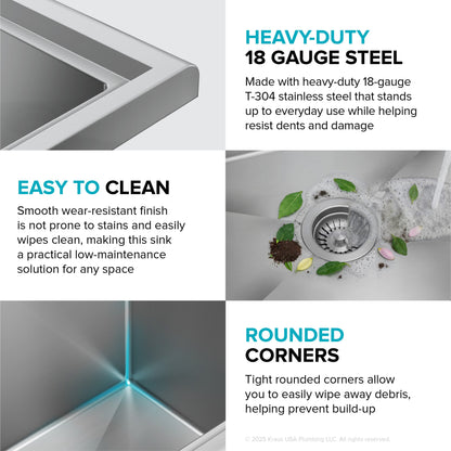 KRAUS Standart Pro 32” 18-Gauge Stainless Steel Single Bowl Commercial Style Laundry Utility Sink - KHS230-32