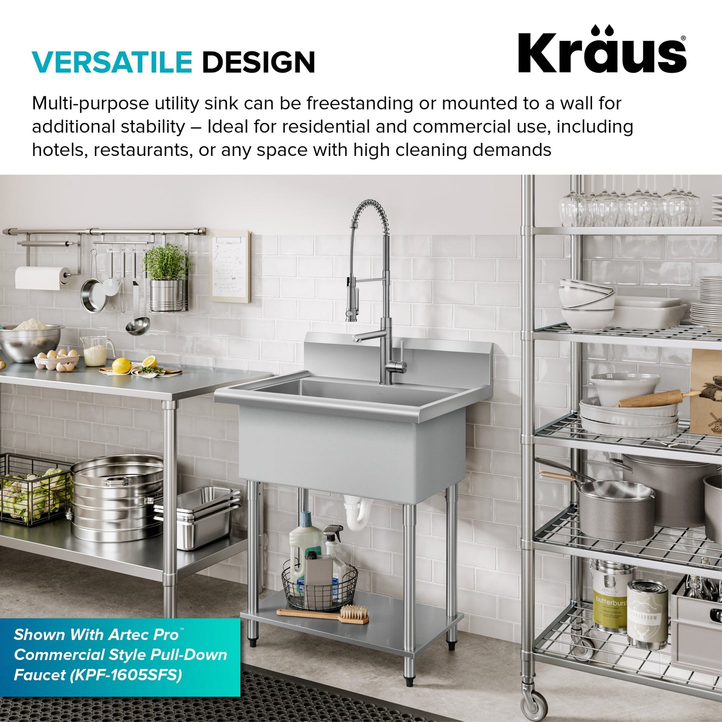KRAUS Standart Pro 32” 18-Gauge Stainless Steel Single Bowl Commercial Style Laundry Utility Sink - KHS230-32