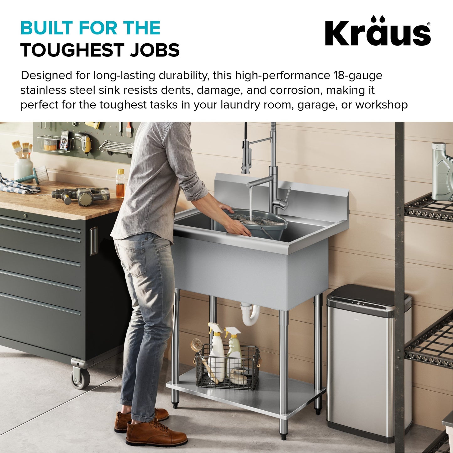 KRAUS Standart Pro 32” 18-Gauge Stainless Steel Single Bowl Commercial Style Laundry Utility Sink - KHS230-32