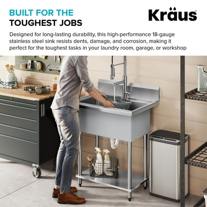 KRAUS Standart Pro 32” 18-Gauge Stainless Steel Single Bowl Commercial Style Laundry Utility Sink - KHS230-32