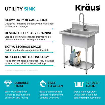 KRAUS Standart Pro 32” 18-Gauge Stainless Steel Single Bowl Commercial Style Laundry Utility Sink - KHS230-32