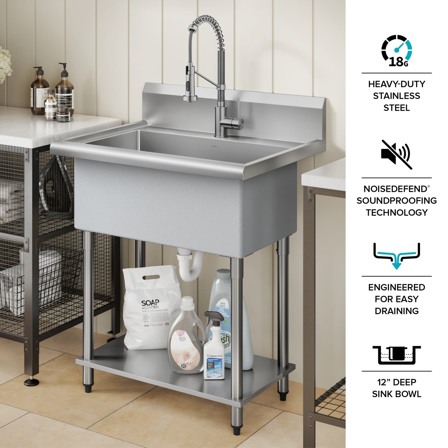 KRAUS Standart Pro 32” 18-Gauge Stainless Steel Single Bowl Commercial Style Laundry Utility Sink - KHS230-32