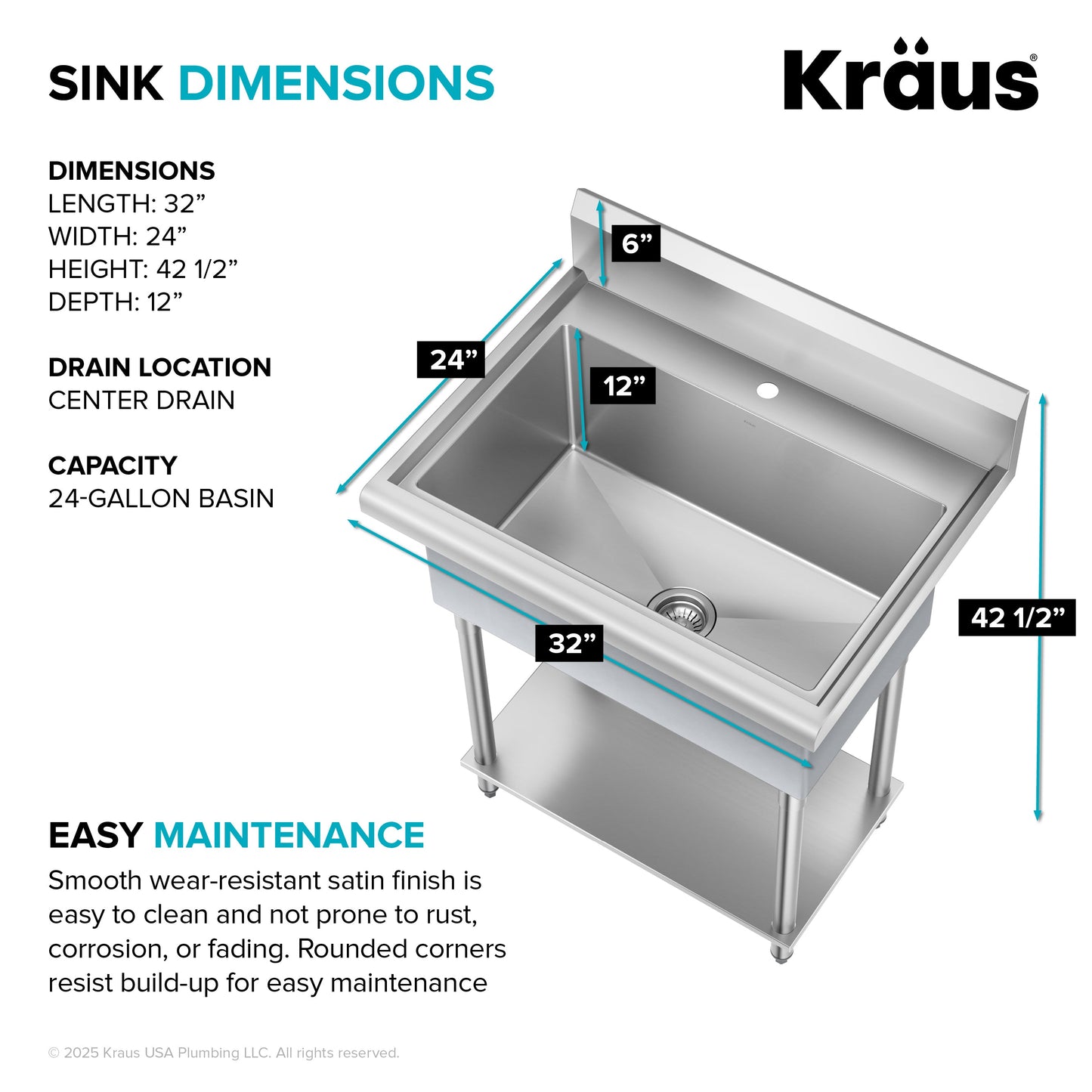 KRAUS Standart Pro 32” 18-Gauge Stainless Steel Single Bowl Commercial Style Laundry Utility Sink - KHS230-32