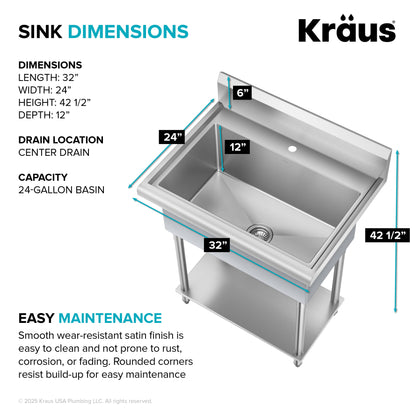 KRAUS Standart Pro 32” 18-Gauge Stainless Steel Single Bowl Commercial Style Laundry Utility Sink - KHS230-32