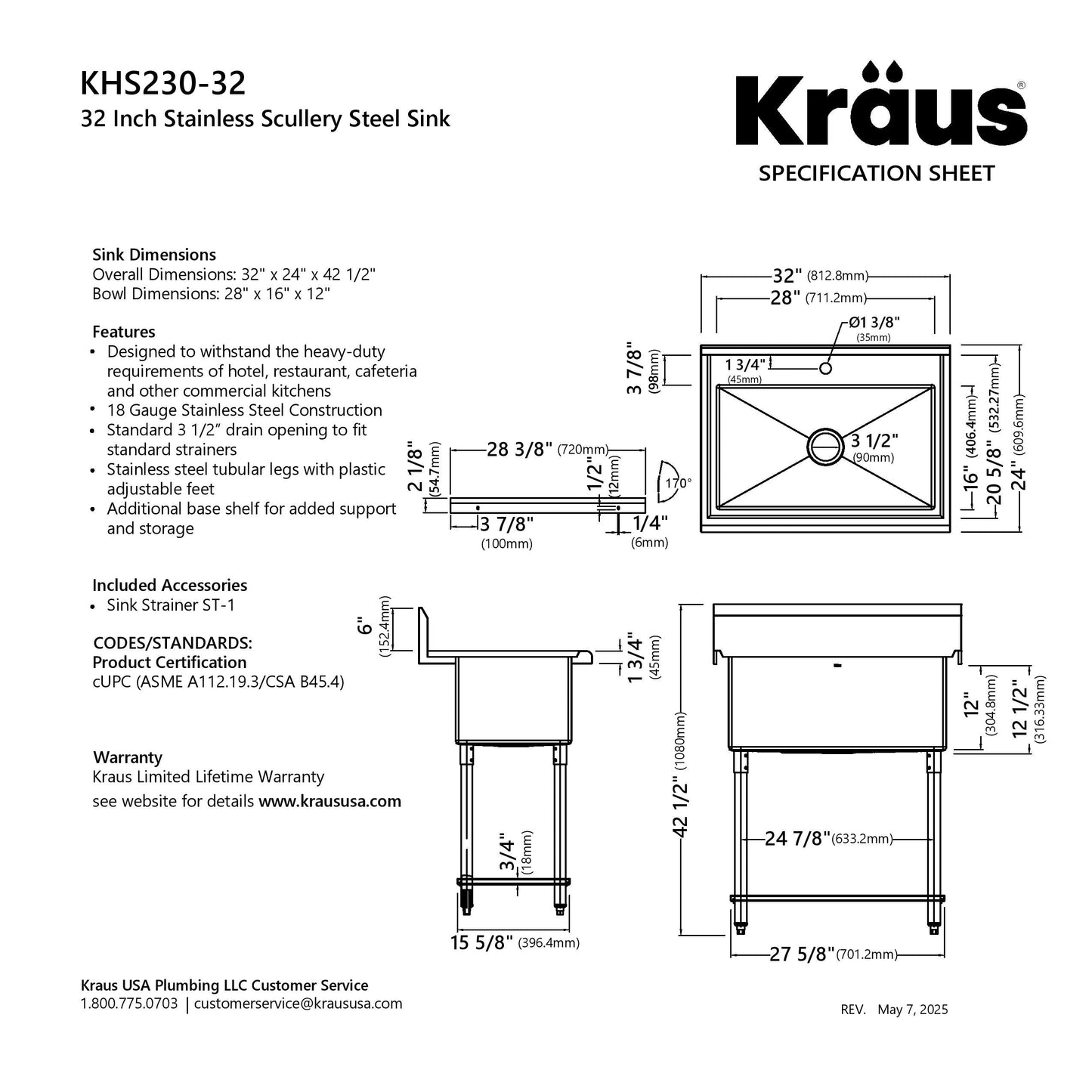 KRAUS Standart Pro 32” 18-Gauge Stainless Steel Single Bowl Commercial Style Laundry Utility Sink - KHS230-32