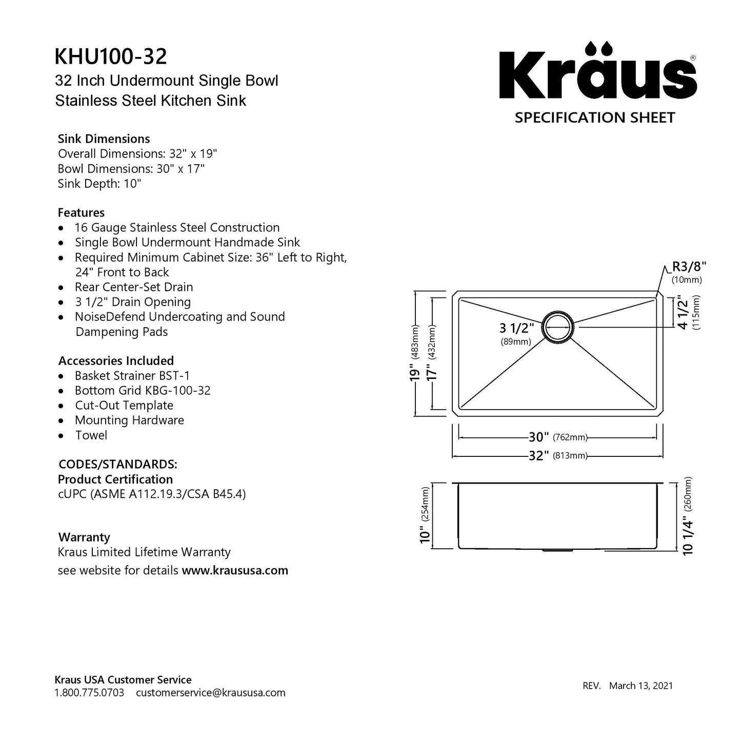 KRAUS 32" Undermount 16 Gauge Single Bowl Stainless Steel Small Radius Kitchen Sink - KHU100-32