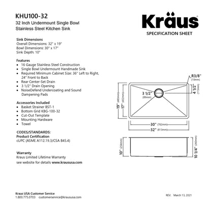 KRAUS 32" Undermount 16 Gauge Single Bowl Stainless Steel Small Radius Kitchen Sink - KHU100-32