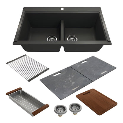 Bocchi 34" Undermount Double Bowl Composite Workstation Kitchen Sink with Covers in Matte Black - 1618-504-0126HP