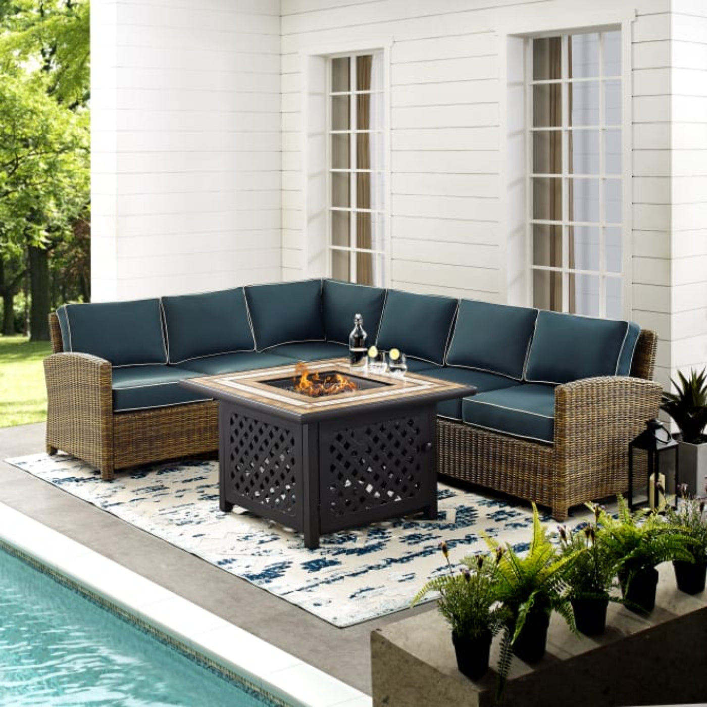 Crosley Bradenton 5pc Outdoor Wicker Sectional Set W/Fire Table - KO70158