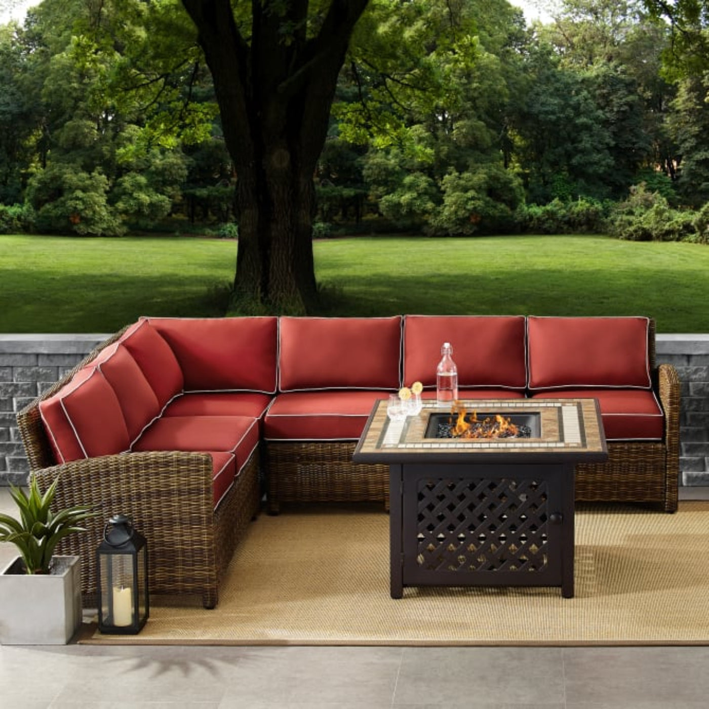 Crosley Bradenton 5pc Outdoor Wicker Sectional Set W/Fire Table - KO70158