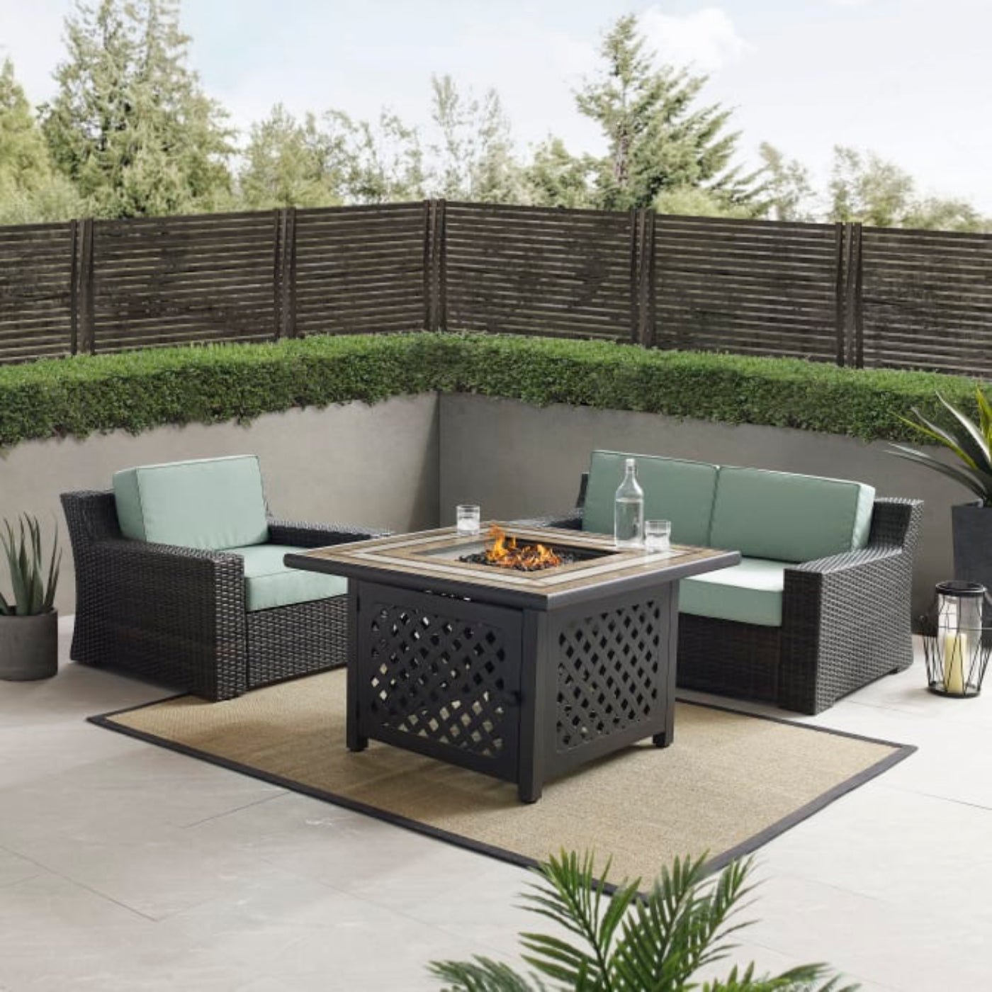 Crosley Beaufort 117 Inch 3pc Outdoor Wicker Conversation Set W/Fire Table Mist - KO70177BR