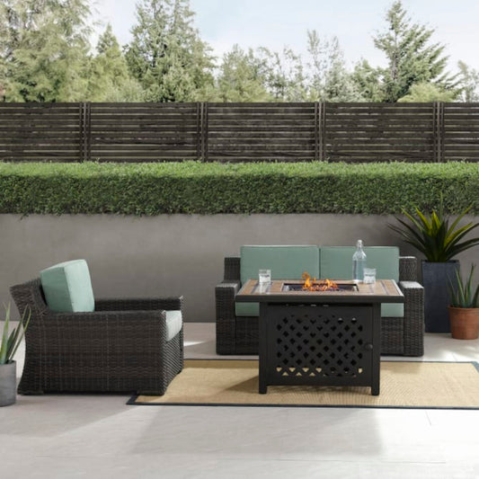 Crosley Beaufort 117 Inch 3pc Outdoor Wicker Conversation Set W/Fire Table Mist - KO70177BR