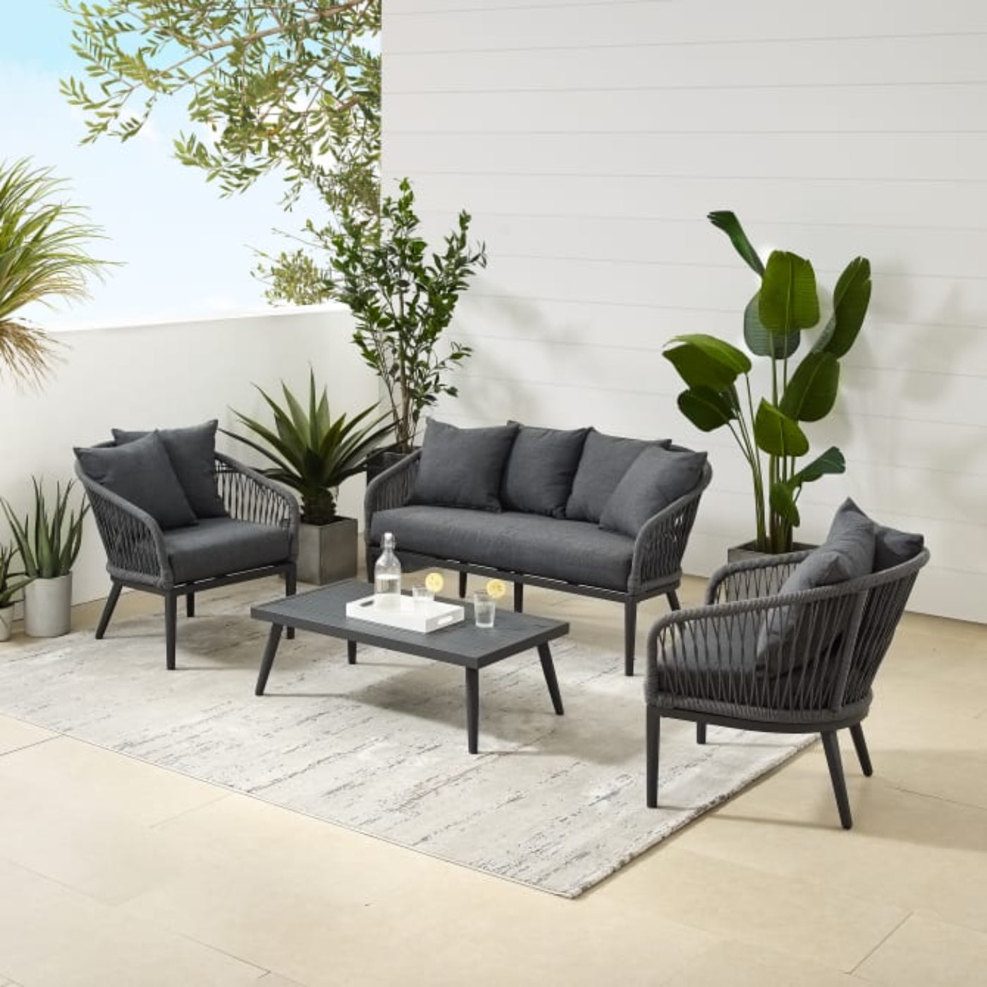 Crosley Dover 4pc Outdoor Rope Conversation Set Charcoal and Matte Black  -KO70310MB-CL