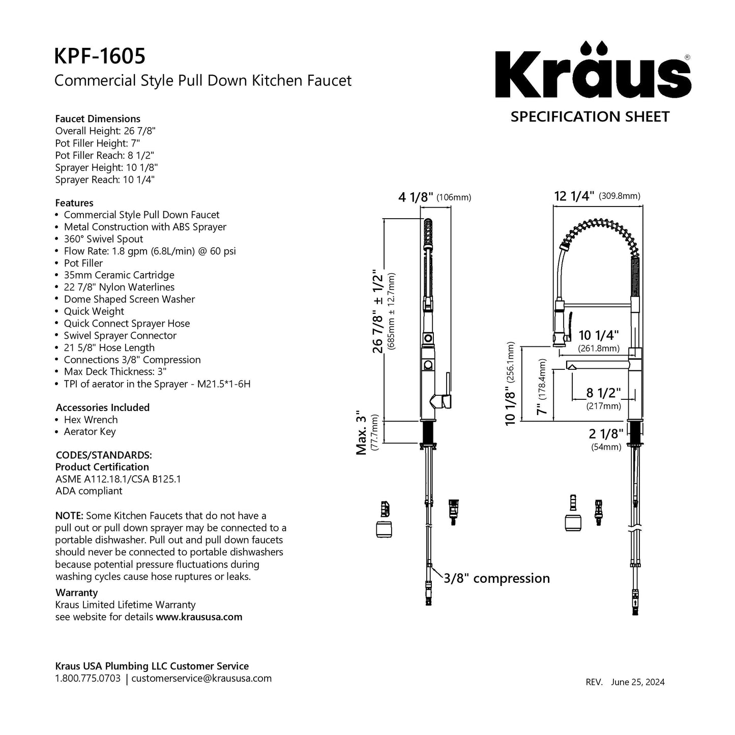 KRAUS Artec Pro 2-Function Single Handle Pull Down Kitchen Faucet in Spot-Free Stainless Steel - KPF-1605SFS