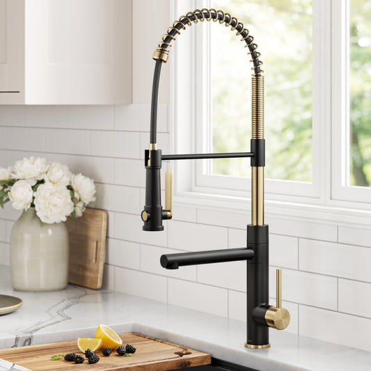KRAUS Artec Pro 2-Function Single Handle Pull Down Kitchen Faucet in Brushed Brass & Matte Black - KPF-1605BBMB