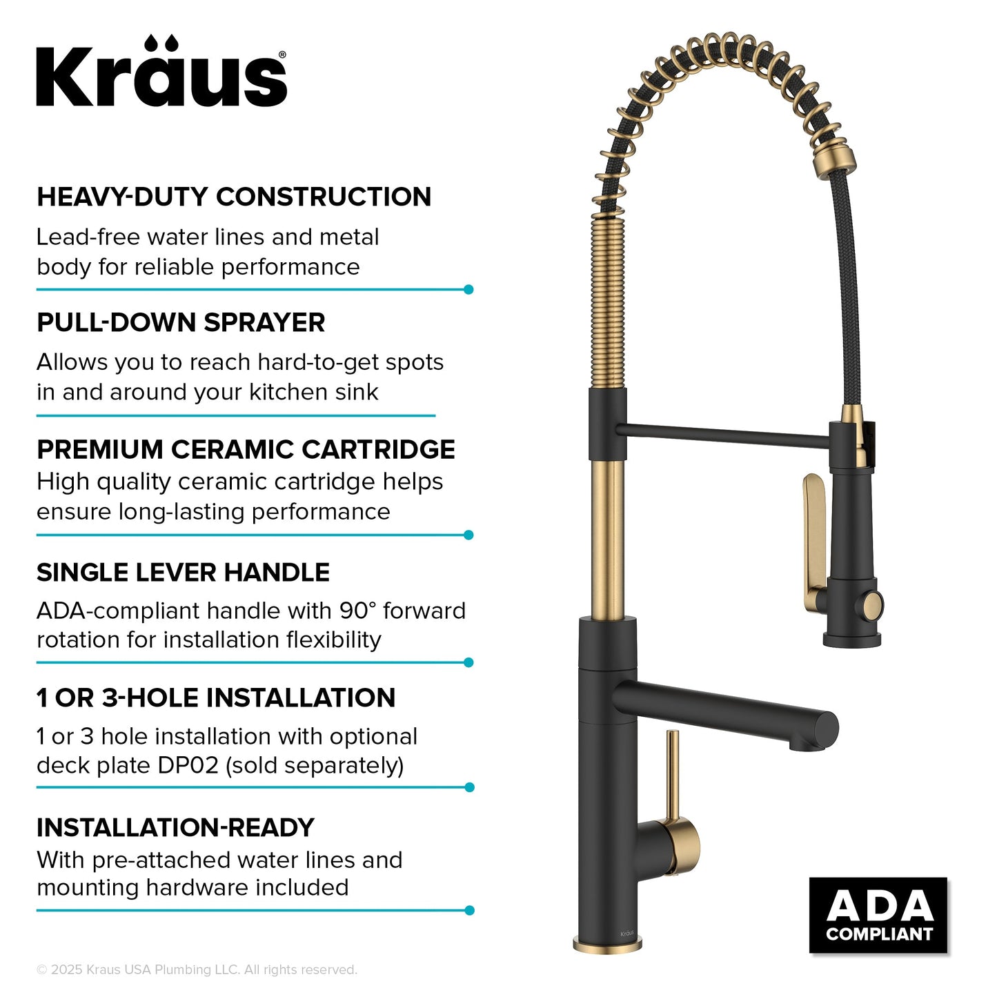 KRAUS Artec Pro 2-Function Single Handle Pull Down Kitchen Faucet in Brushed Brass & Matte Black - KPF-1605BBMB