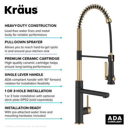 KRAUS Artec Pro 2-Function Single Handle Pull Down Kitchen Faucet in Brushed Brass & Matte Black - KPF-1605BBMB