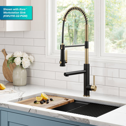KRAUS Artec Pro 2-Function Single Handle Pull Down Kitchen Faucet in Brushed Brass & Matte Black - KPF-1605BBMB