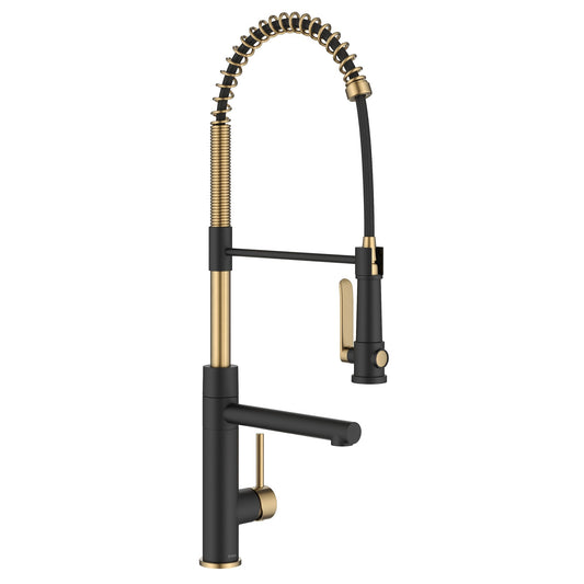 KRAUS Artec Pro 2-Function Single Handle Pull Down Kitchen Faucet in Brushed Brass & Matte Black - KPF-1605BBMB