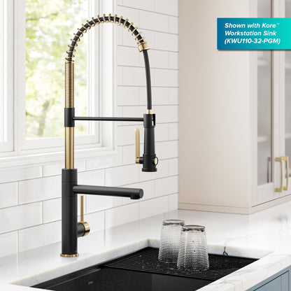 KRAUS Artec Pro 2-Function Single Handle Pull Down Kitchen Faucet in Brushed Brass & Matte Black - KPF-1605BBMB