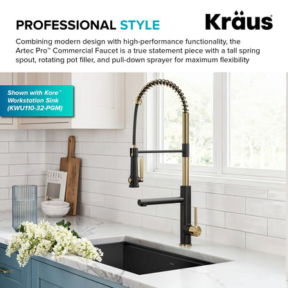 KRAUS Artec Pro 2-Function Single Handle Pull Down Kitchen Faucet in Brushed Brass & Matte Black - KPF-1605BBMB