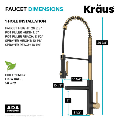 KRAUS Artec Pro 2-Function Single Handle Pull Down Kitchen Faucet in Brushed Brass & Matte Black - KPF-1605BBMB